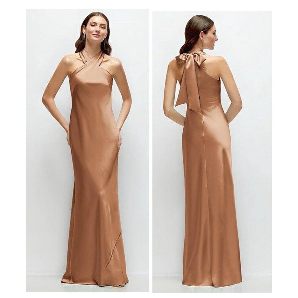 Dessy Pleated Halter Bias Satin Maxi Dress Self-tie Bow Toffee Size Small Long